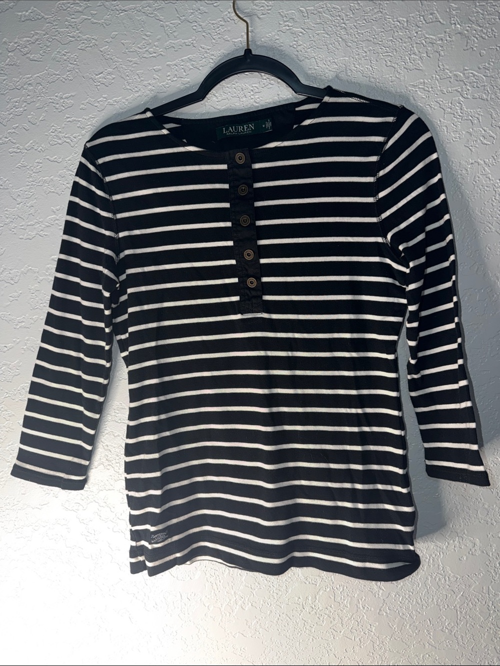 Lauren Ralph Lauren Black & White Striped Henley Long Sleeve Top